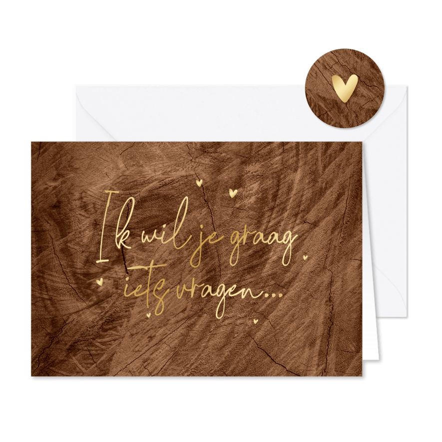 Trouwkaart hout goud ceremoniemeester getuige bruidsmeisje - Kaartimpressie