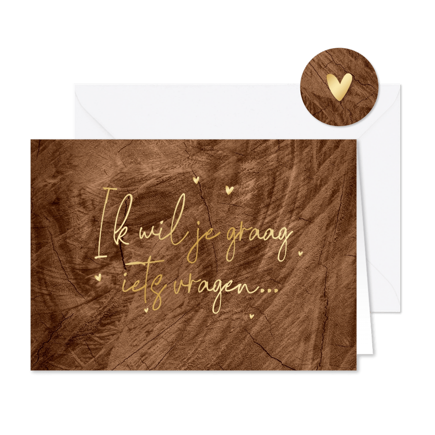 Trouwkaart hout goud ceremoniemeester getuige bruidsmeisje - Kaartimpressie