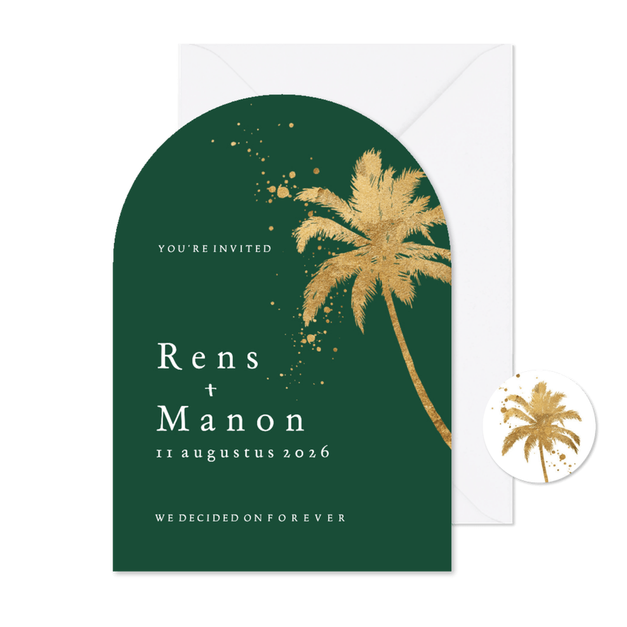 Trouwkaart in boog palmboom goud spetters - Kaartimpressie