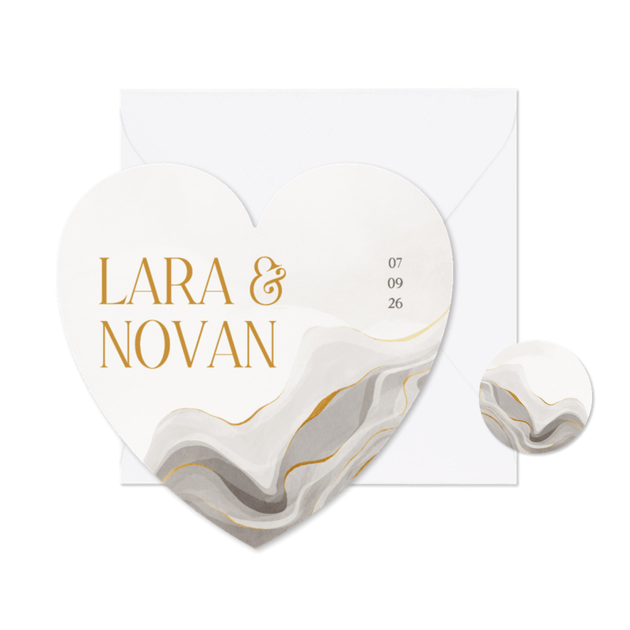 Trouwkaart in hartvorm stijlvol met marmereffect - Kaartimpressie