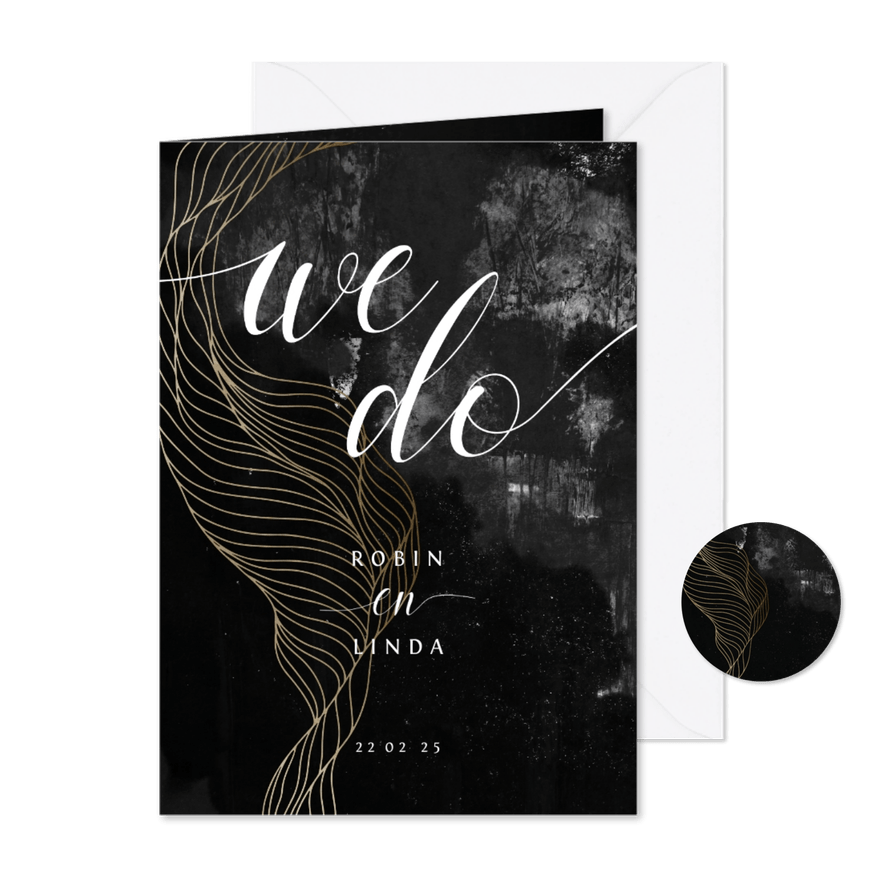 Trouwkaart industrieel we do met gouden lijnen - Kaartimpressie