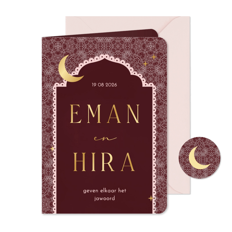 Trouwkaart Islamitisch patroon donkerrood roze maan ster - Kaartimpressie