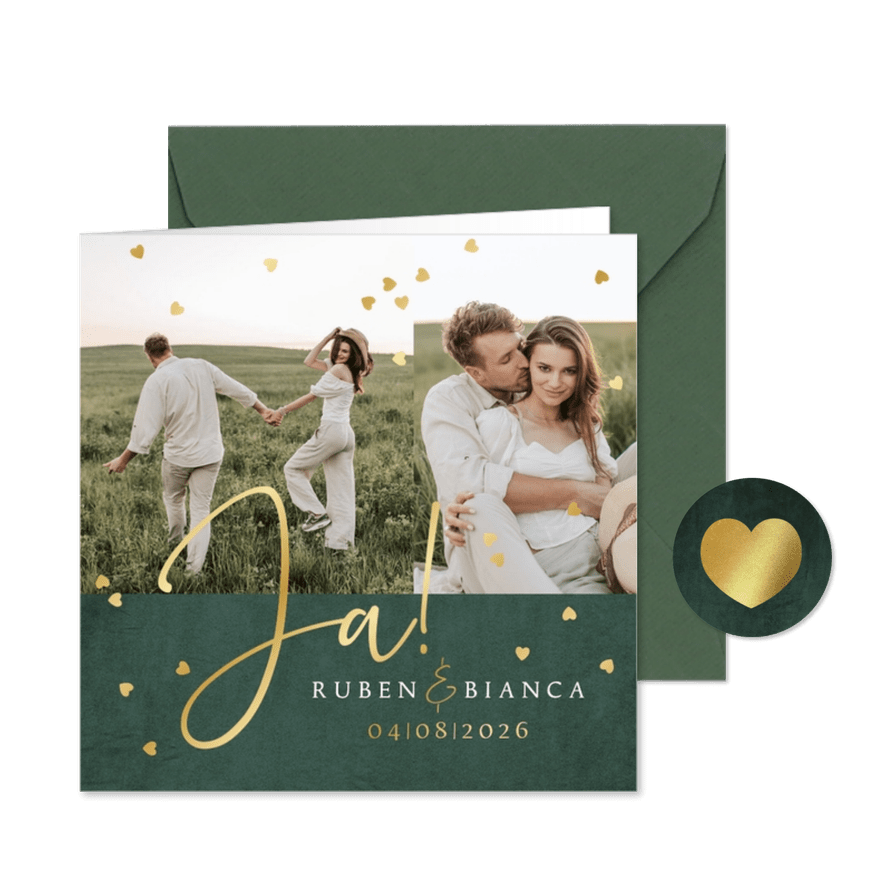 Trouwkaart 'Ja' fotocollage hartjesconfetti goudfolie velvet - Kaartimpressie