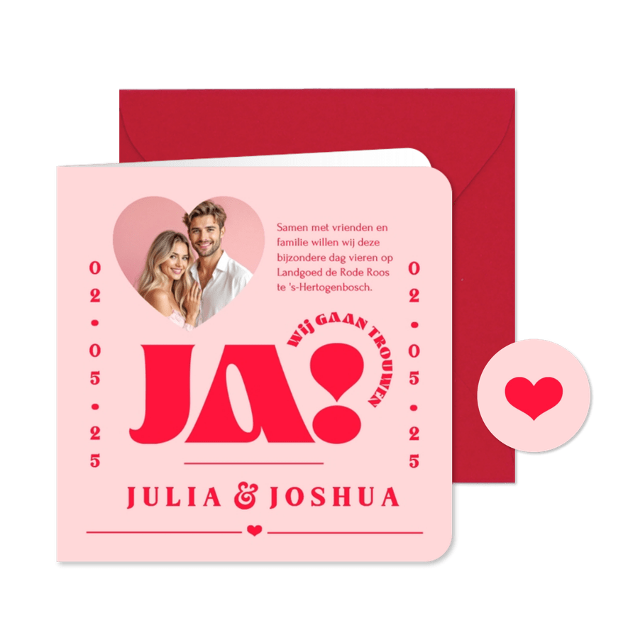 Trouwkaart 'Ja' grafisch modern hip roze rood romantisch - Kaartimpressie