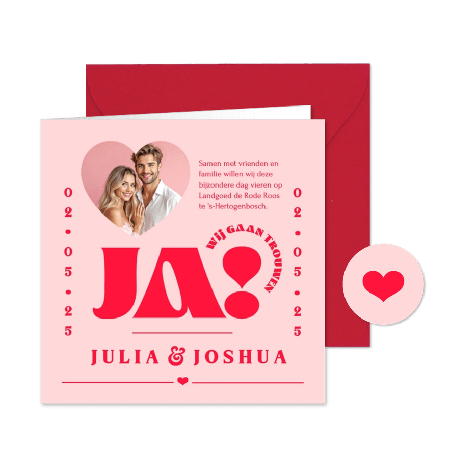 Trouwkaart 'Ja' grafisch modern hip roze rood romantisch - Kaartimpressie