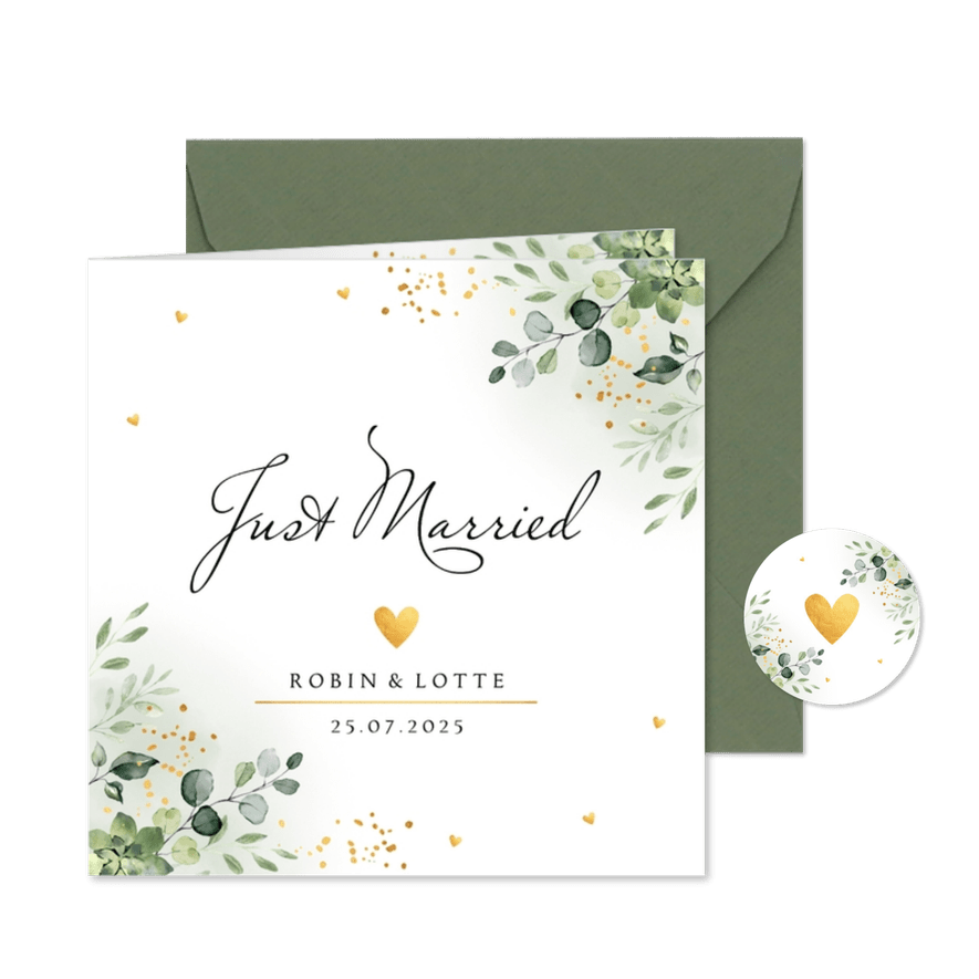 Trouwkaart just married botanisch groen blaadjes goudlook - Kaartimpressie