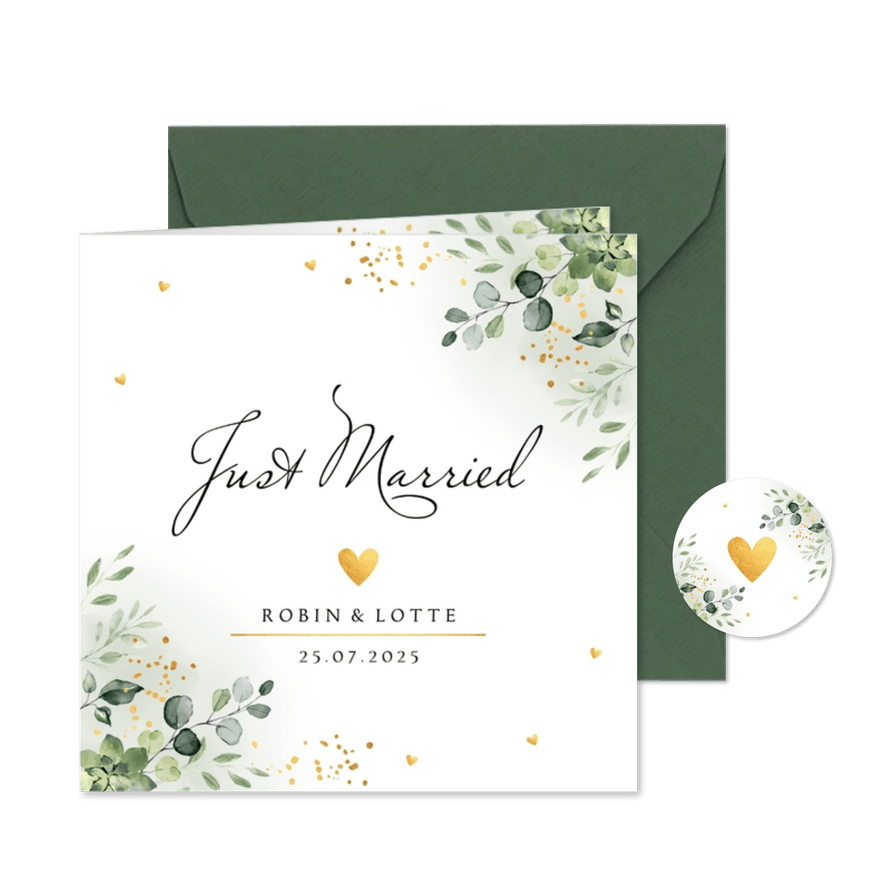 Trouwkaart just married botanisch groen blaadjes goudlook - Kaartimpressie