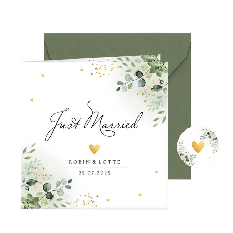 Trouwkaart just married botanisch groen blaadjes goudlook - Kaartimpressie