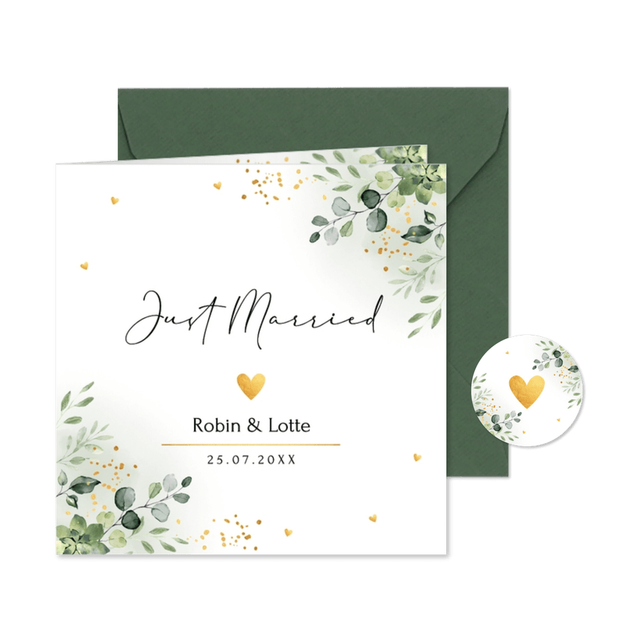 Trouwkaart just married botanisch groen blaadjes goudlook - Kaartimpressie
