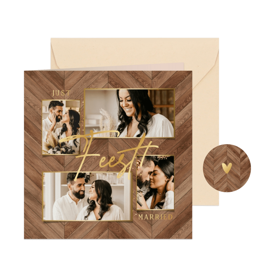 Trouwkaart just married gouden letters houtlook visgraat - Kaartimpressie