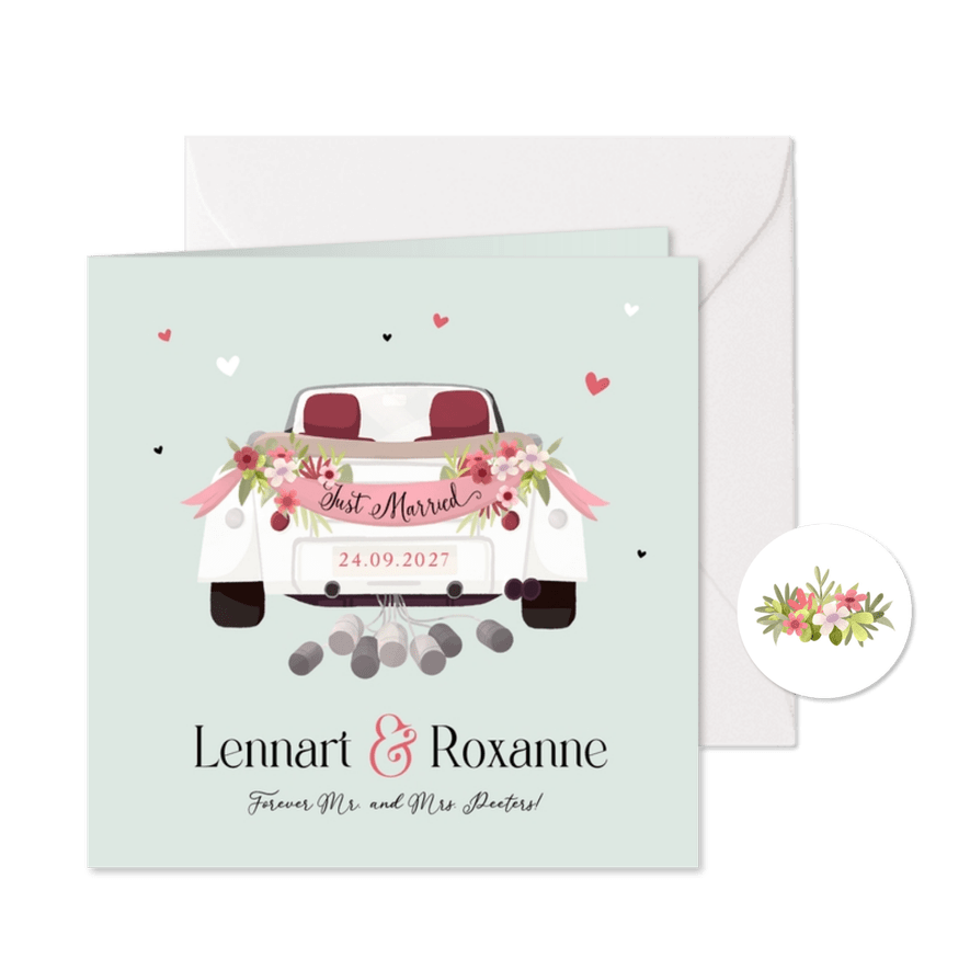Trouwkaart just married pas getrouwd vintage oldtimer - Kaartimpressie