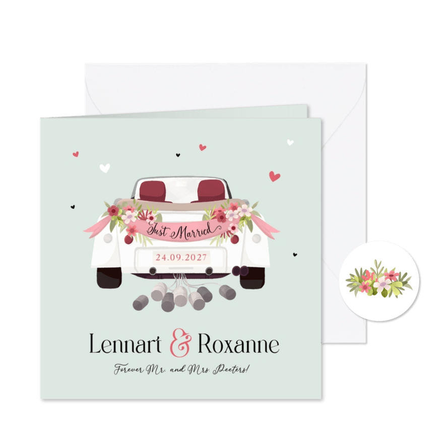 Trouwkaart just married pas getrouwd vintage oldtimer - Kaartimpressie