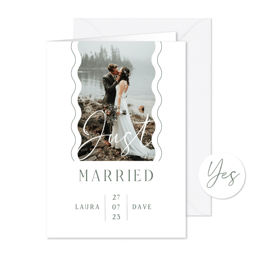 Trouwkaart just married stijlvol golven - Kaartimpressie