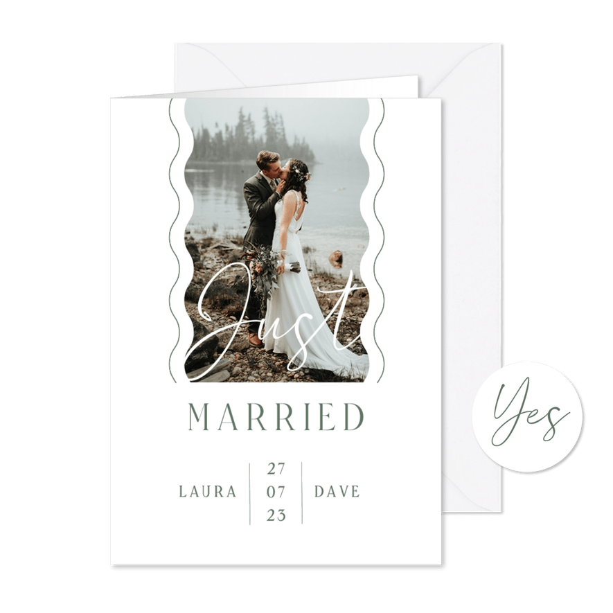 Trouwkaart just married stijlvol golven - Kaartimpressie