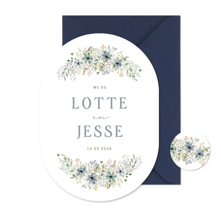 Trouwkaart kader bloemen klassiek ovaal vorm - Kaartimpressie