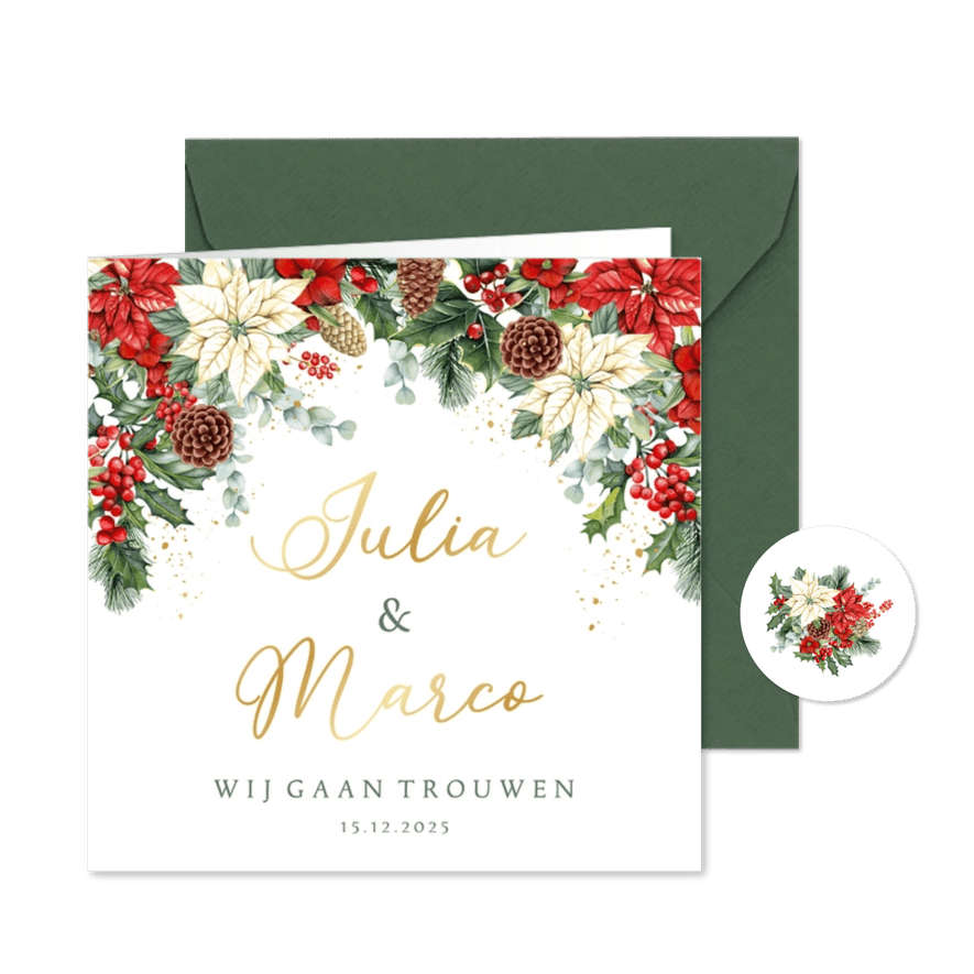 Trouwkaart kerstster met kersttakken - Kaartimpressie