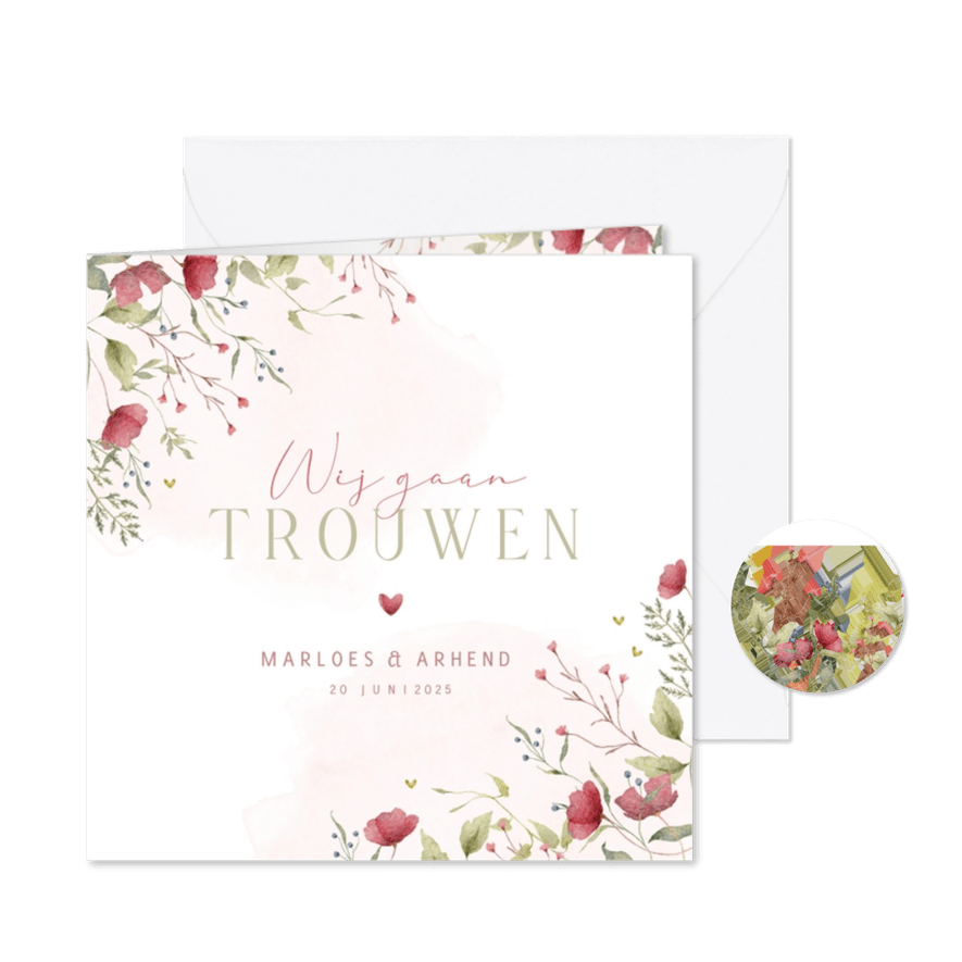 Trouwkaart klaproos met takjes - Kaartimpressie