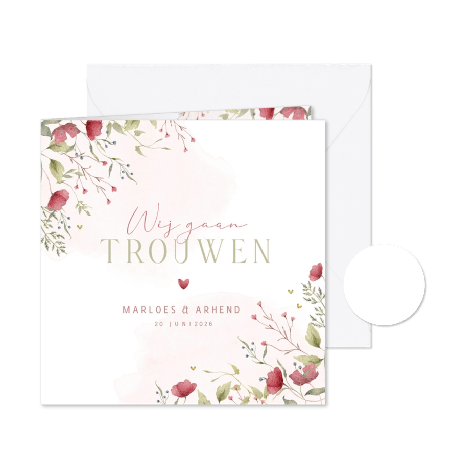 Trouwkaart klaproos met takjes - Kaartimpressie