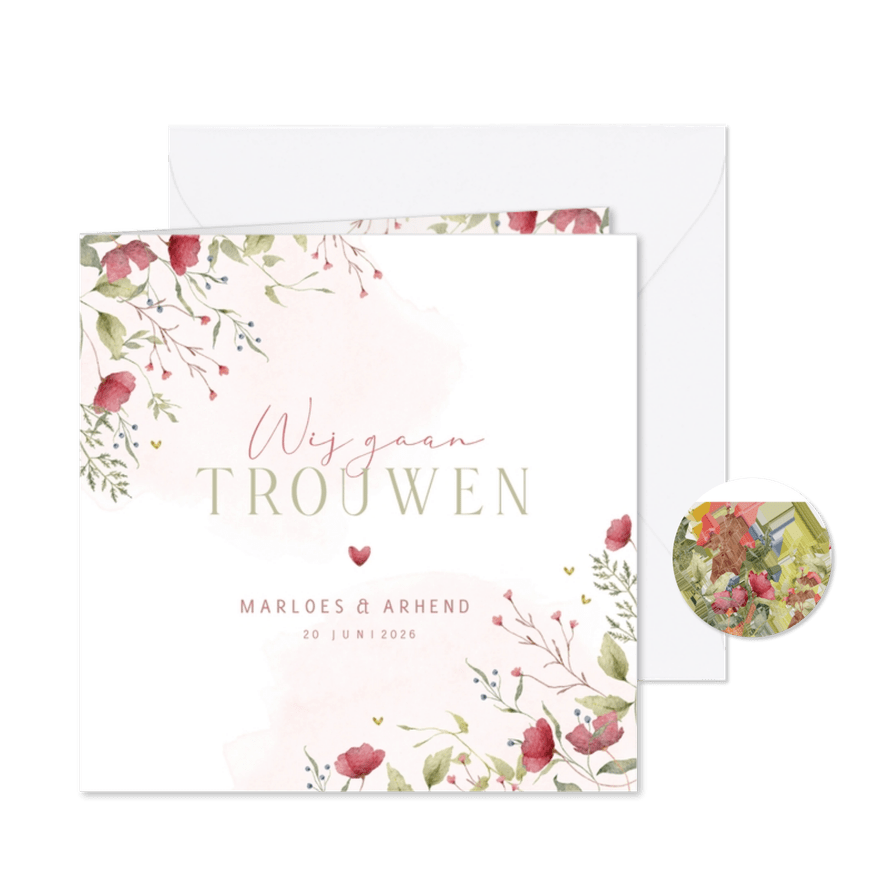 Trouwkaart klaproos met takjes - Kaartimpressie