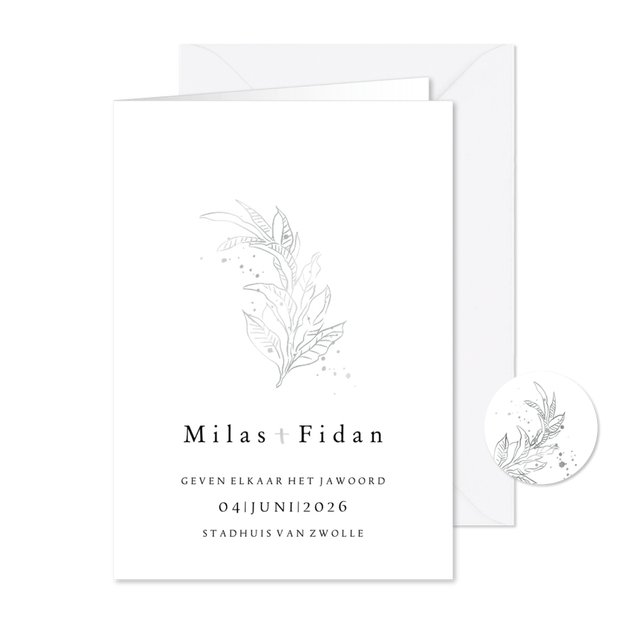 Trouwkaart klassiek lijnillustratie botanisch blad zilver - Kaartimpressie