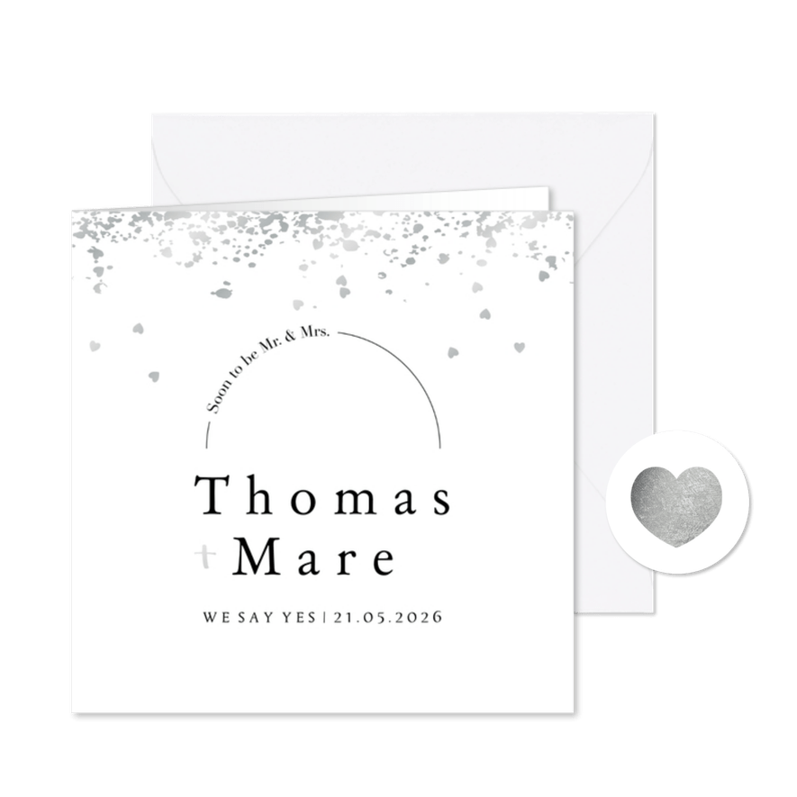 Trouwkaart klassiek spetters hartjesconfetti zilverfolie - Kaartimpressie