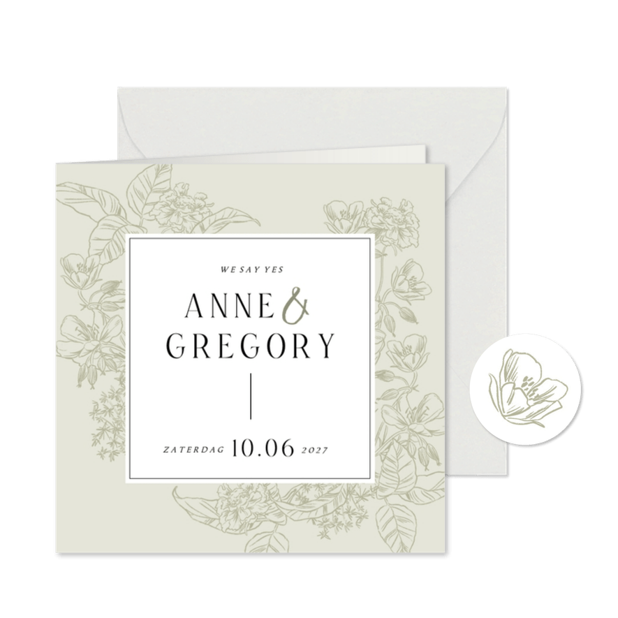 Trouwkaart klassiek stijlvol botanisch kader bloemen - Kaartimpressie