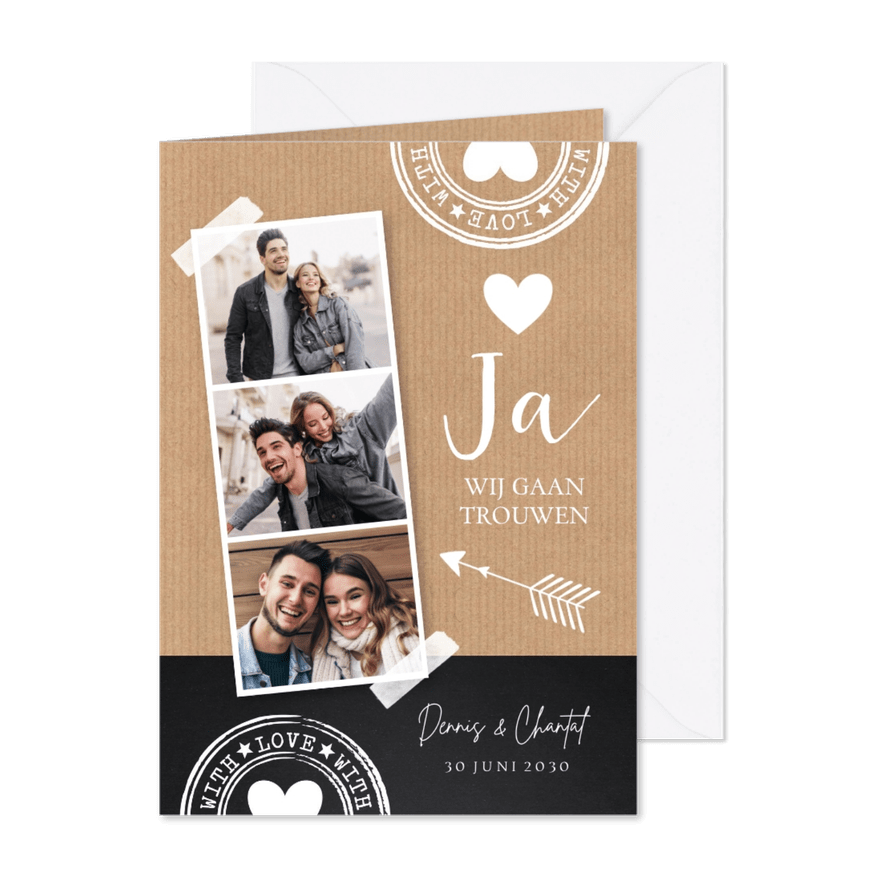 Trouwkaart kraft krijtbord fotocollage - Kaartimpressie