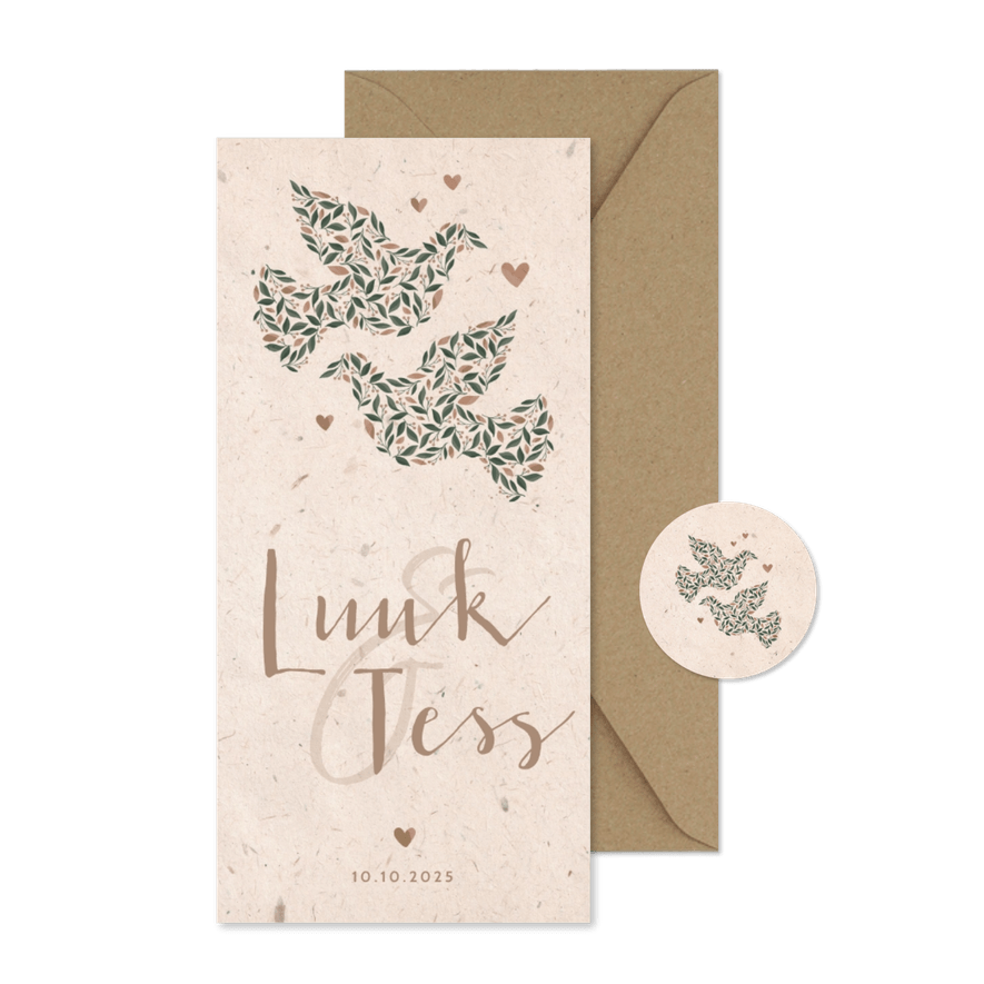 Trouwkaart kraftlook met duiven van bloemen - Kaartimpressie