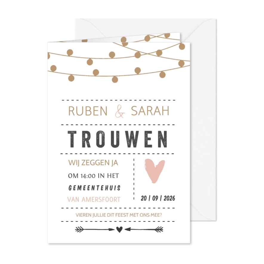 Trouwkaart lampjes en hart - Kaartimpressie