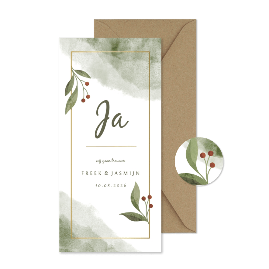 Trouwkaart lang met botanisch gouden kader en waterverf - Kaartimpressie