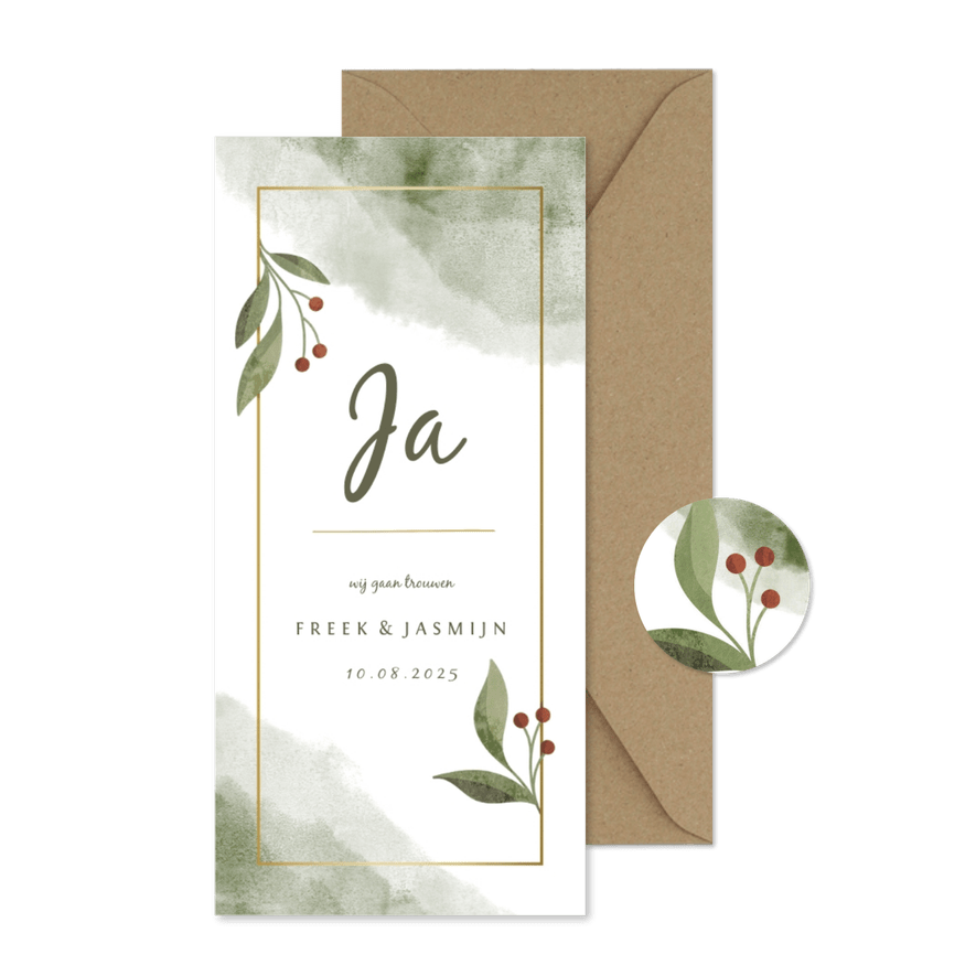 Trouwkaart lang met botanisch gouden kader en waterverf - Kaartimpressie