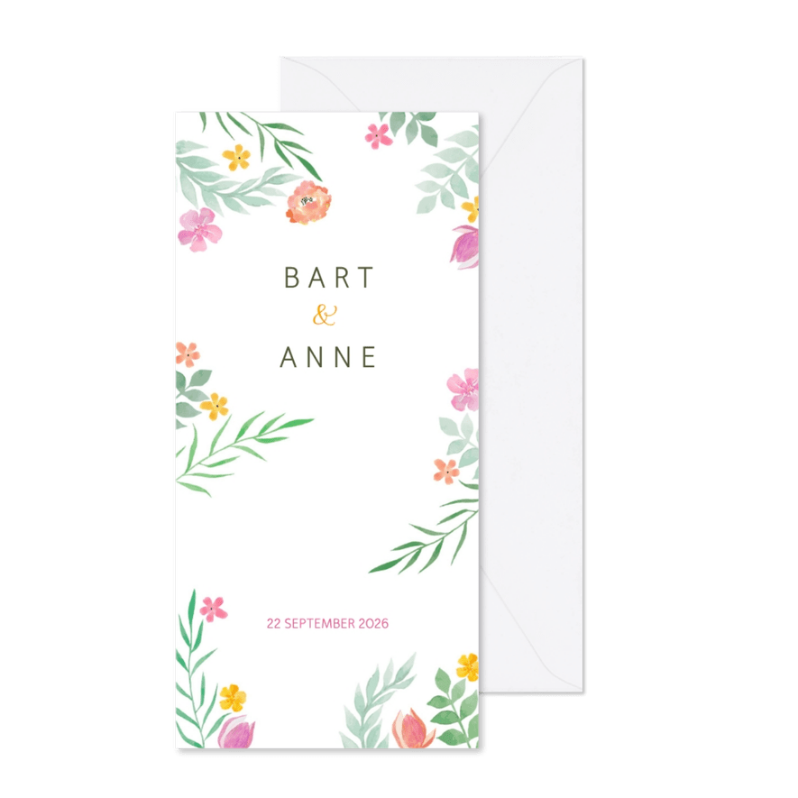 Trouwkaart langwerpig kleurrijk botanisch - Kaartimpressie