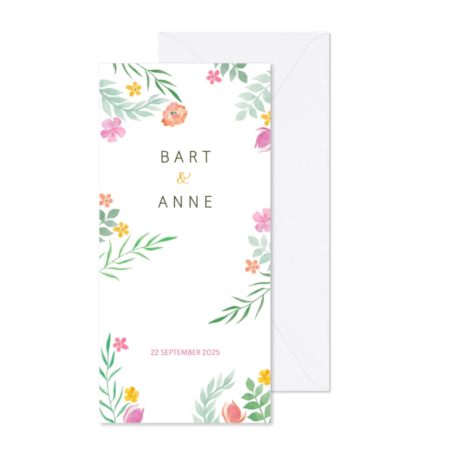 Trouwkaart langwerpig kleurrijk botanisch - Kaartimpressie