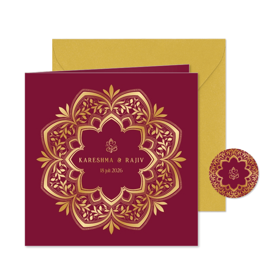 Trouwkaart leafy mandala met goudfolie en Ganesha icoon - Kaartimpressie