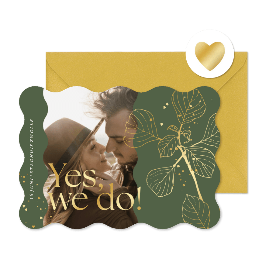 Trouwkaart lijnillustratie botanische blad goud wave - Kaartimpressie