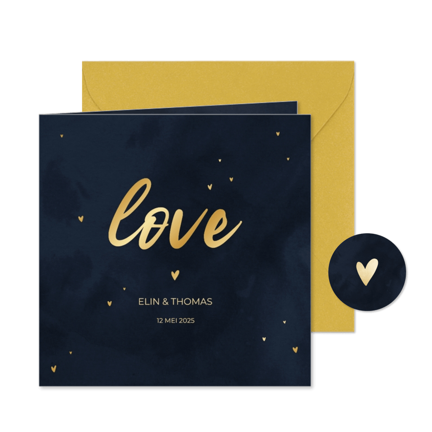 Trouwkaart 'love' donkerblauw met gouden hartjes - Kaartimpressie