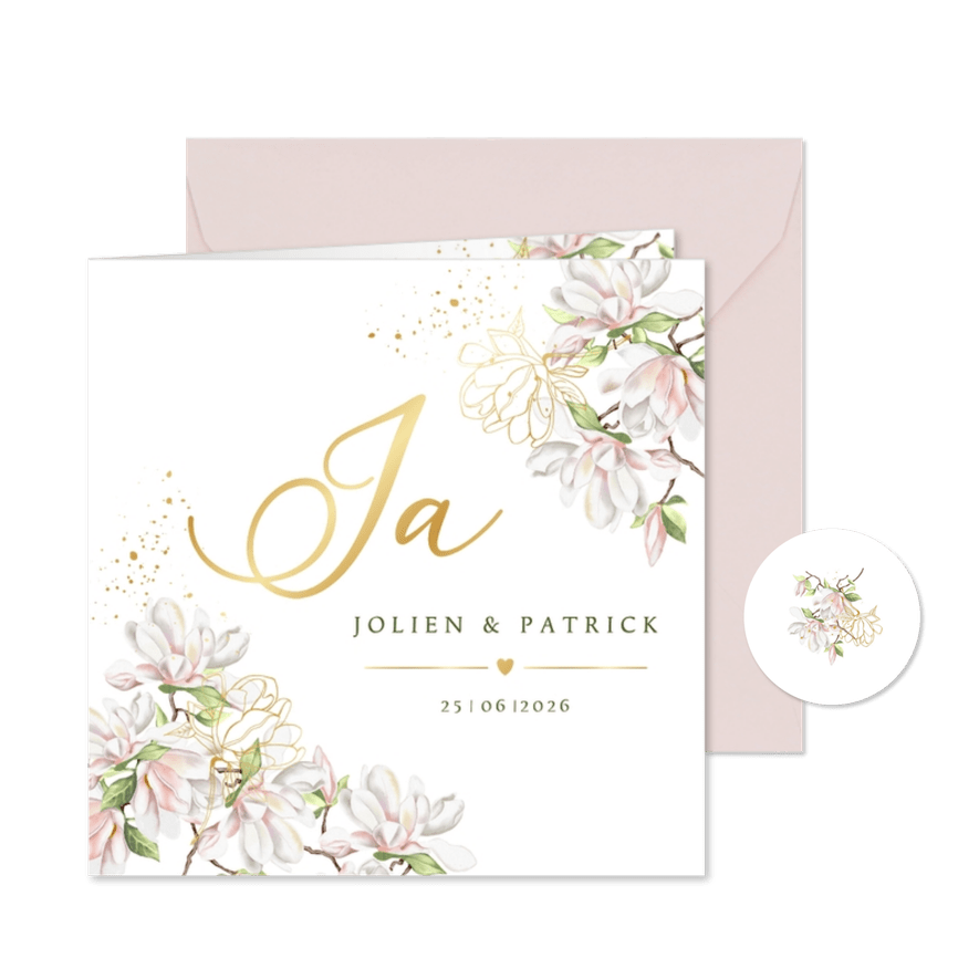 Trouwkaart magnoliatakken met goudfolie - Kaartimpressie
