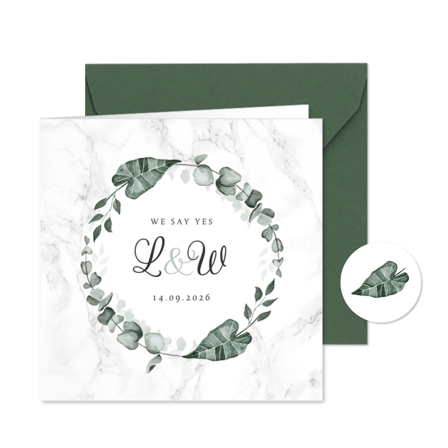 Trouwkaart marmer eucalyptus botanisch stijlvol klassiek - Kaartimpressie