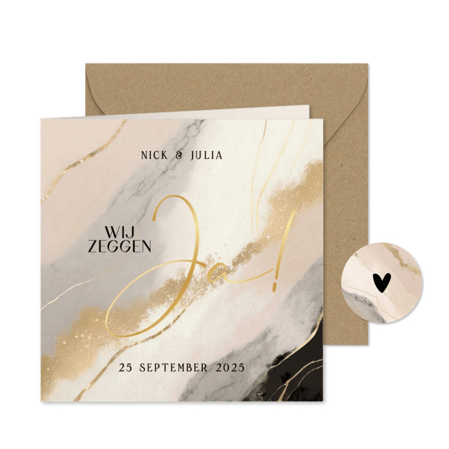 Trouwkaart marmerlook beige zwart en goud wij zeggen ja - Kaartimpressie