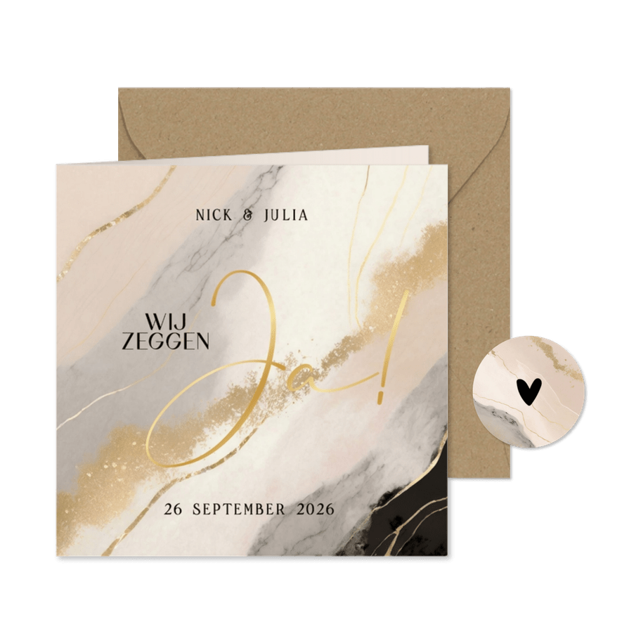 Trouwkaart marmerlook beige zwart en goud wij zeggen ja - Kaartimpressie