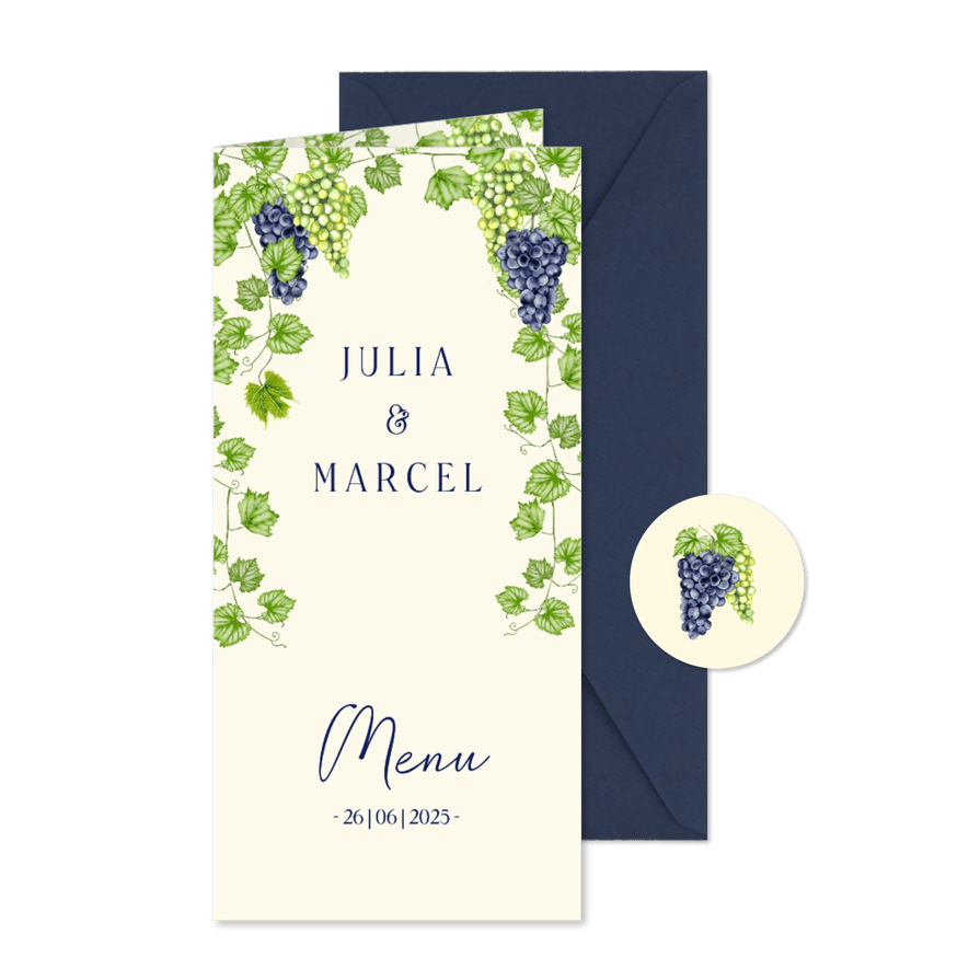 Trouwkaart menu blauwe en groene druiven - Kaartimpressie