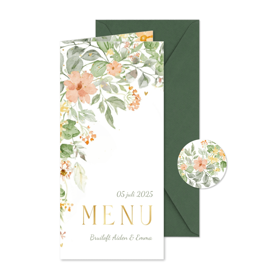 Trouwkaart menu bloemen in de hoek romantisch goudfolie - Kaartimpressie