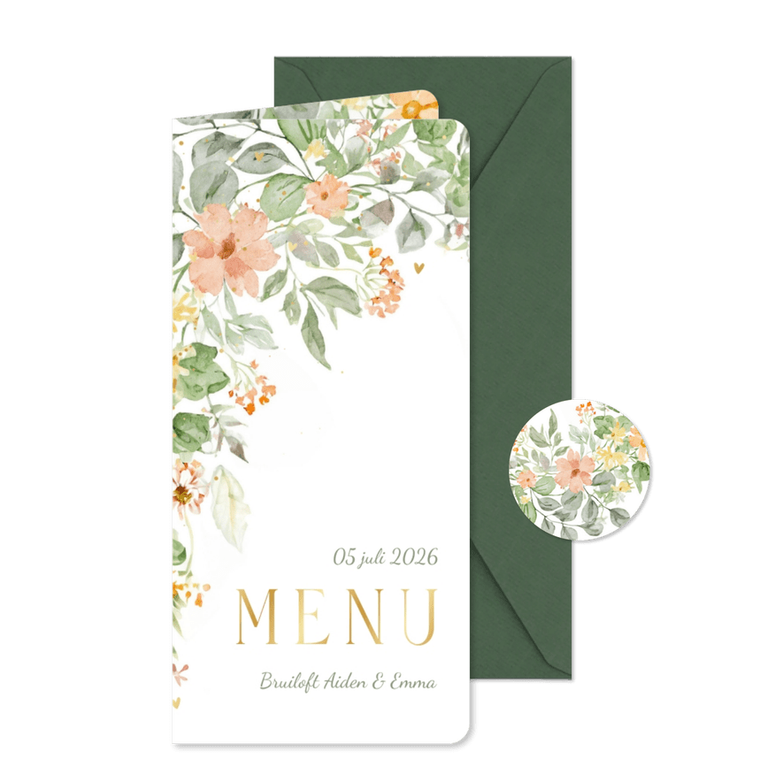 Trouwkaart menu bloemen in de hoek romantisch goudfolie - Kaartimpressie