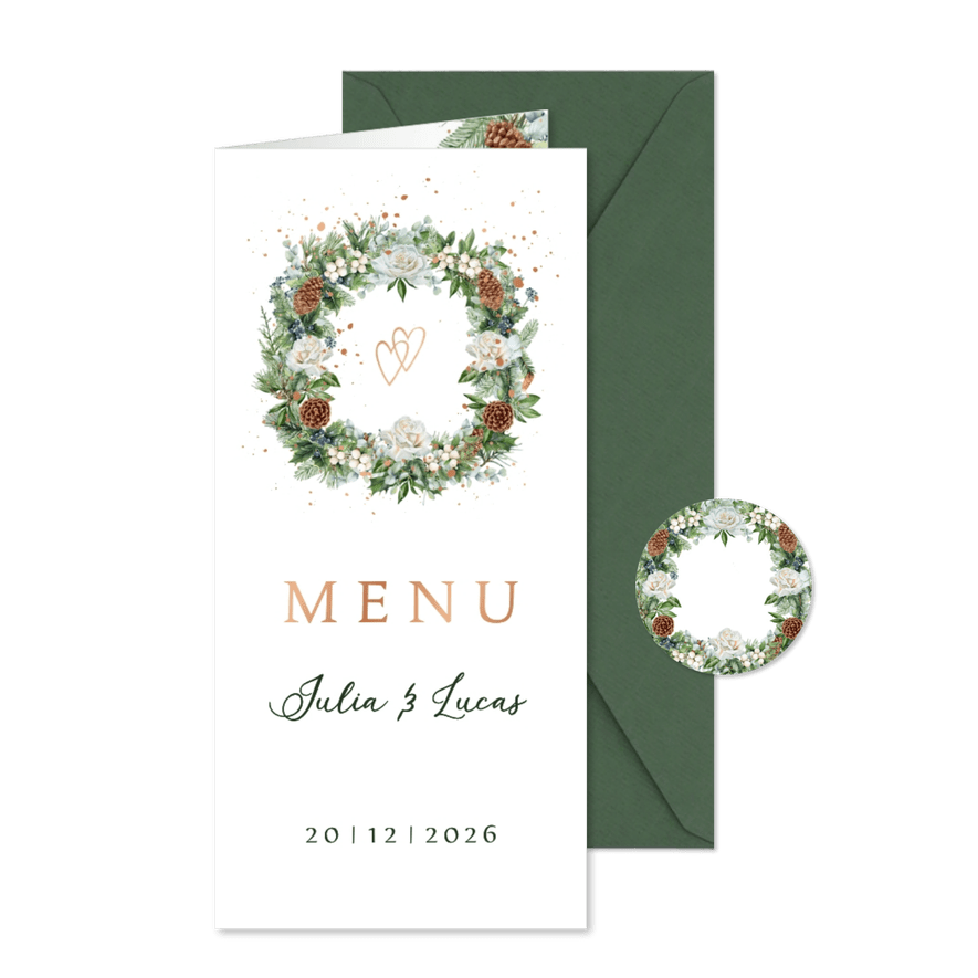 Trouwkaart menu botanische krans - Kaartimpressie
