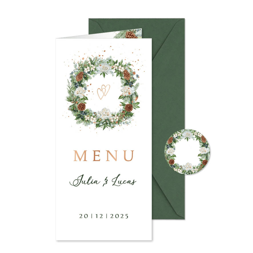 Trouwkaart menu botanische krans - Kaartimpressie