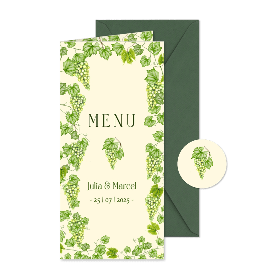 Trouwkaart menu groene druiven met goudfolie - Kaartimpressie