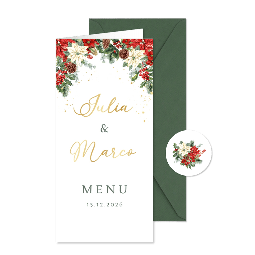 Trouwkaart menu kerststerren met kersttakken - Kaartimpressie