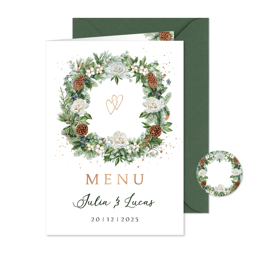 Trouwkaart menu krans witte rozen met kersttakken - Kaartimpressie