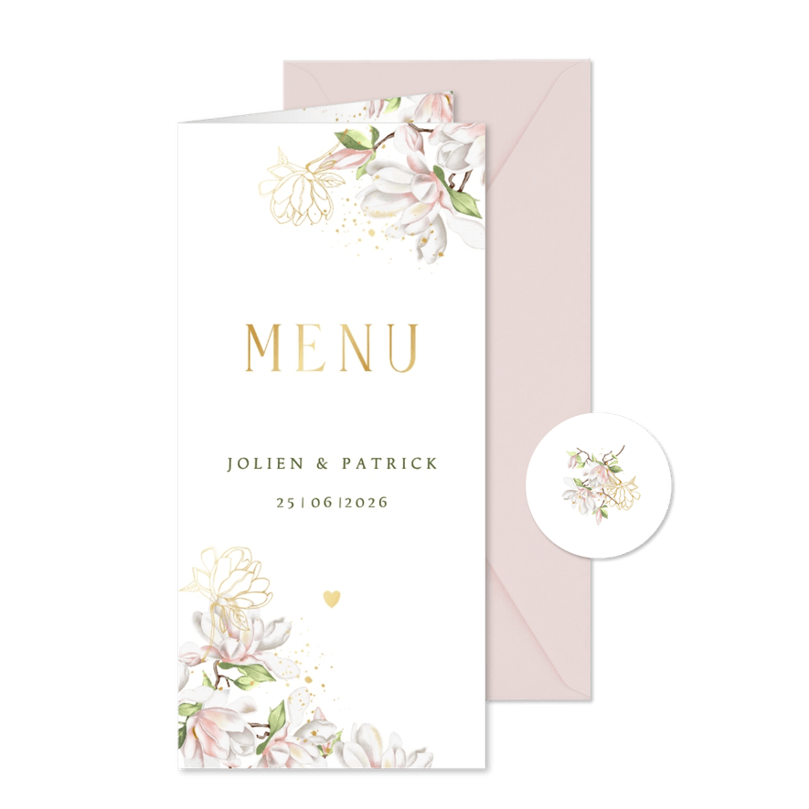 Trouwkaart menu magnoliatakken met goudfolie - Kaartimpressie
