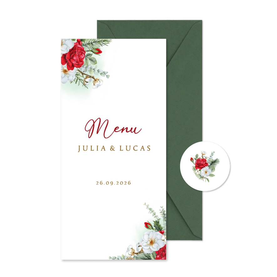 Trouwkaart menu rozen winter - Kaartimpressie